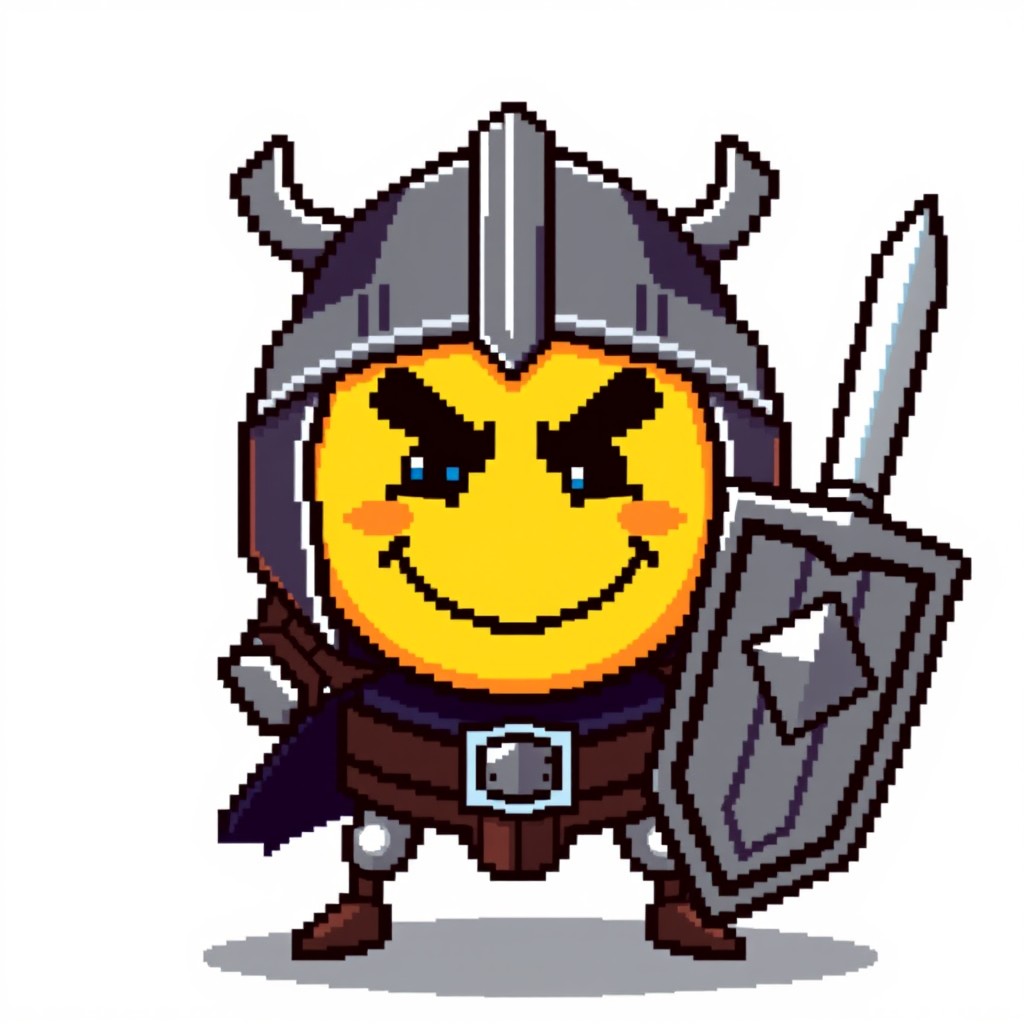 A pixel art style image featuring a round face resembling a smiley face