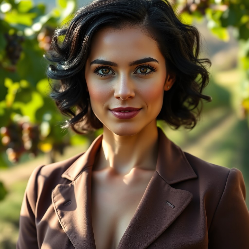 A captivating portrait of a 32-year-old Italian female winemaker exuding elegance and intelligence