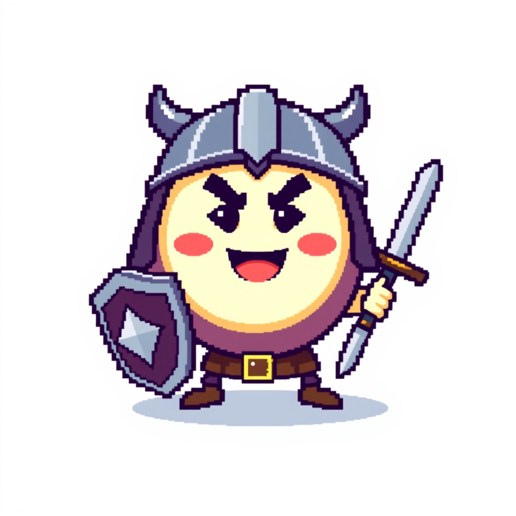 A pixel art style image featuring a round smiley face with a joyful smile, wearing a helmet
