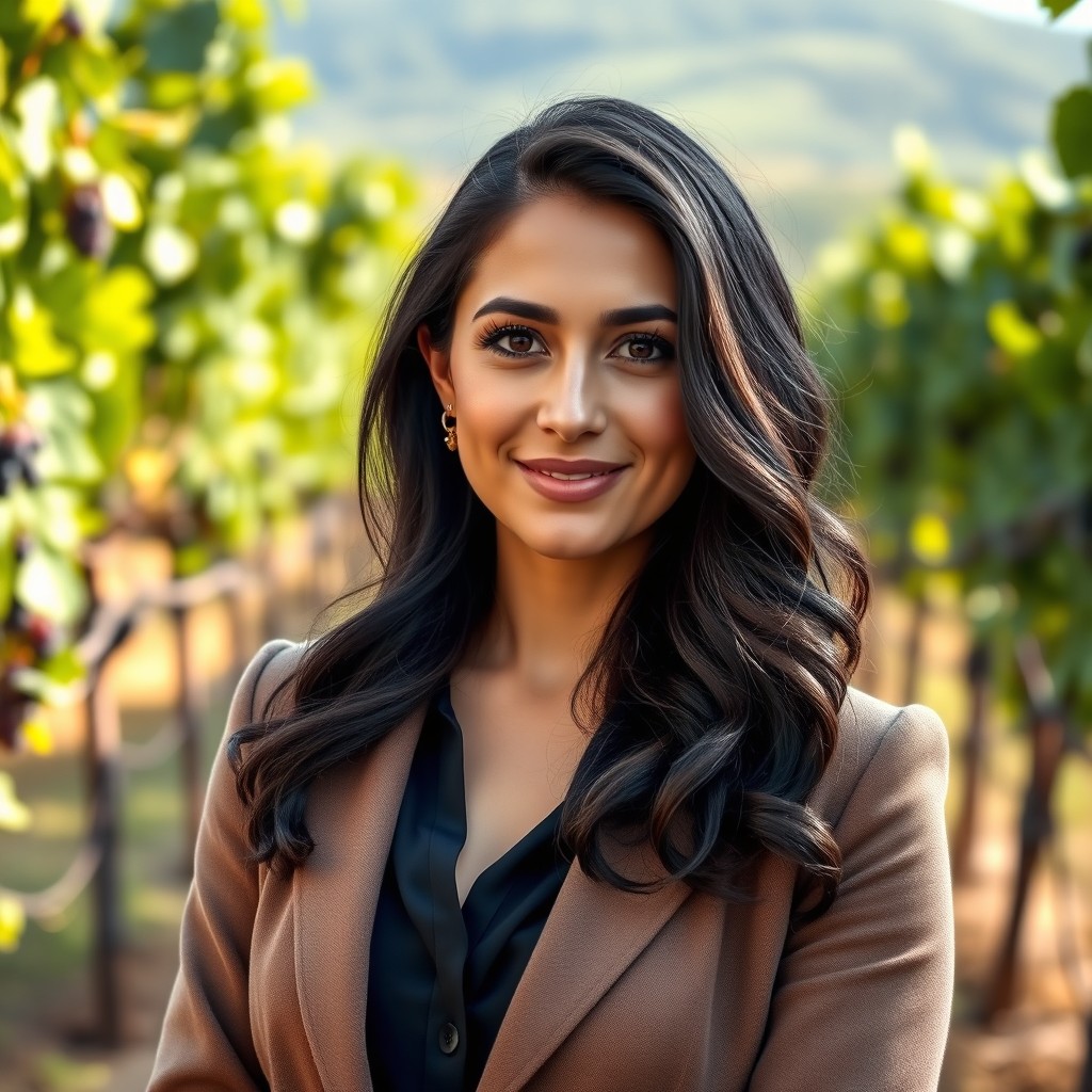 A captivating portrait of a 32-year-old Italian female winemaker, showcasing her elegance and charm