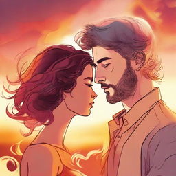 Render a drawing of a man gazing at a side-profiled woman with hair that takes the form of lively flames, set against a background of blurred sunset hues.