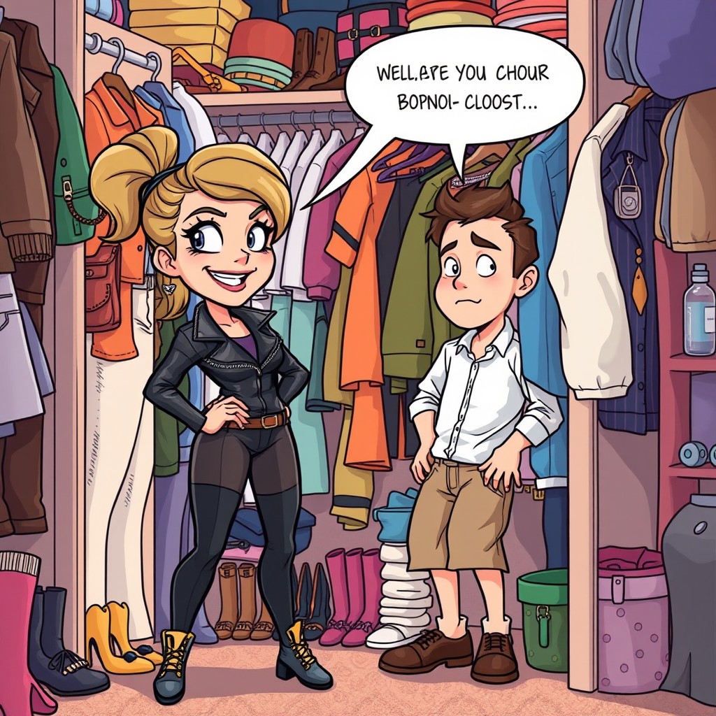 A cartoon-style illustration depicting a humorous situation where a female dominant character playfully teases her male roommate, who looks bewildered while hiding inside a closet