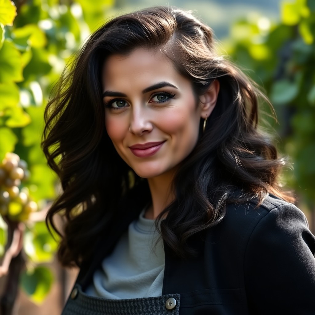 A beautiful portrait of a 32-year-old Southern Italian woman with black wavy hair and striking black eyes, captured in a half-profile view