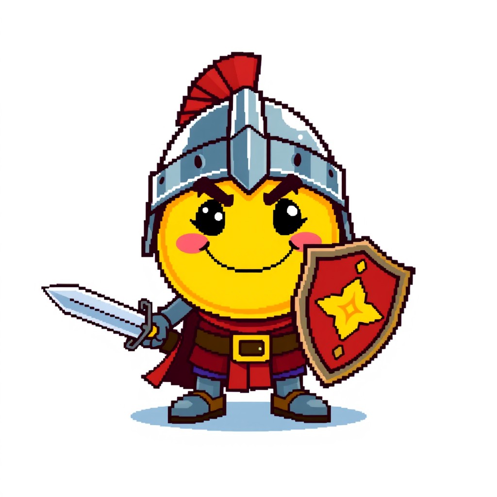 A vibrant pixel art style image featuring a round smiley face character with a cheerful smile, yet serious eyes and furrowed eyebrows