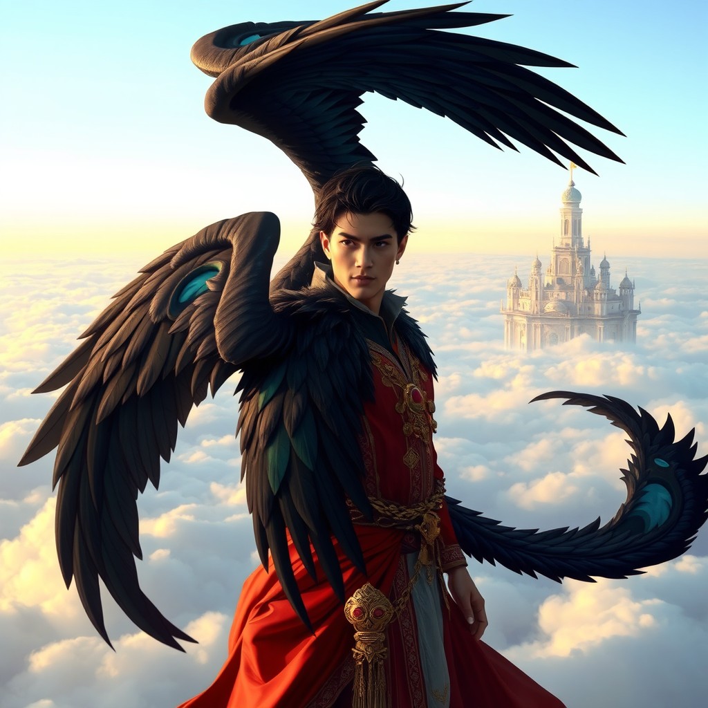 A stunningly beautiful man with an incredibly handsome face and large, elegant black feathered wings with bluish highlights