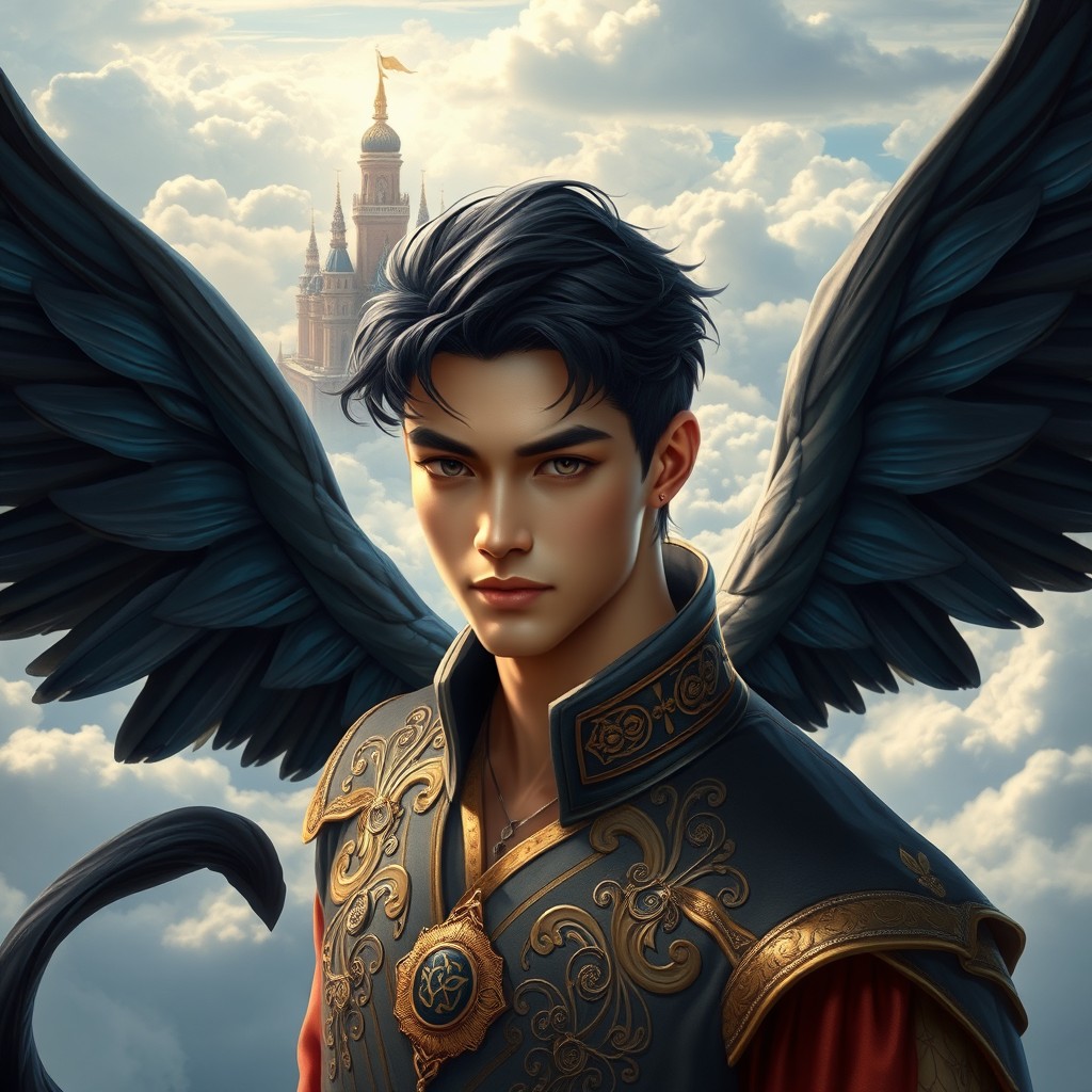 A beautiful handsome man with an exceptionally stunning face and large black feathered wings with bluish hues
