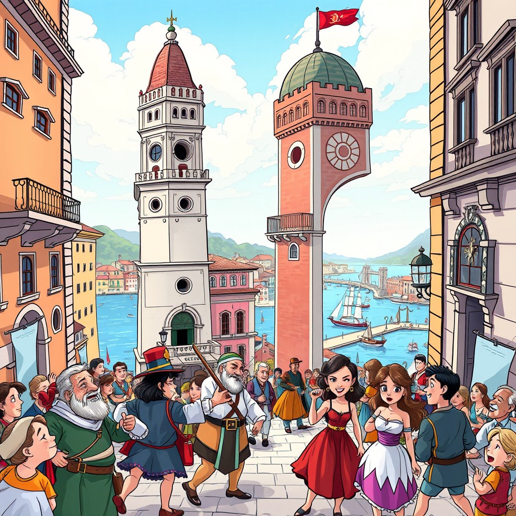 A vibrant, comic-style illustration depicting the founding of the city of Trieste