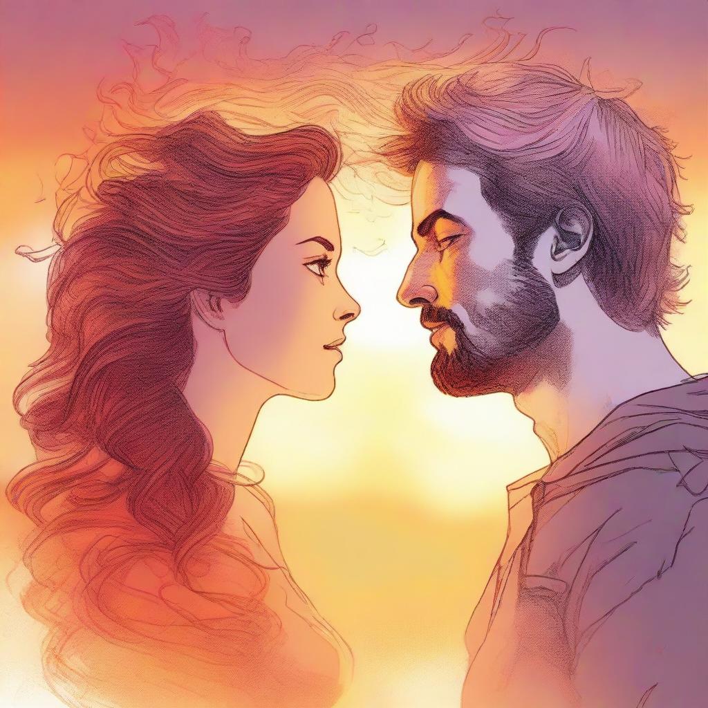 Render a drawing of a man gazing at a side-profiled woman with hair that takes the form of lively flames, set against a background of blurred sunset hues.