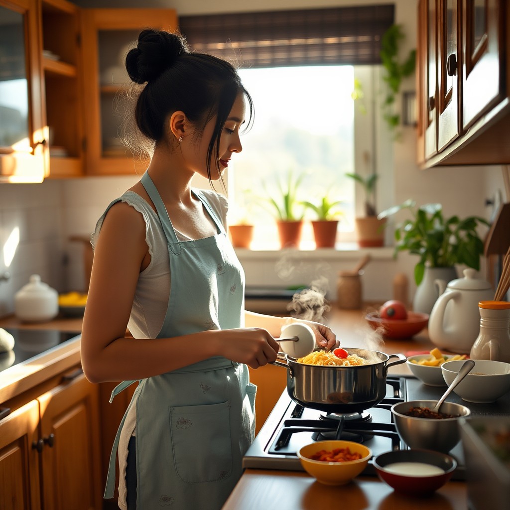A young woman in a cozy kitchen, cooking Maggi noodles on the stove