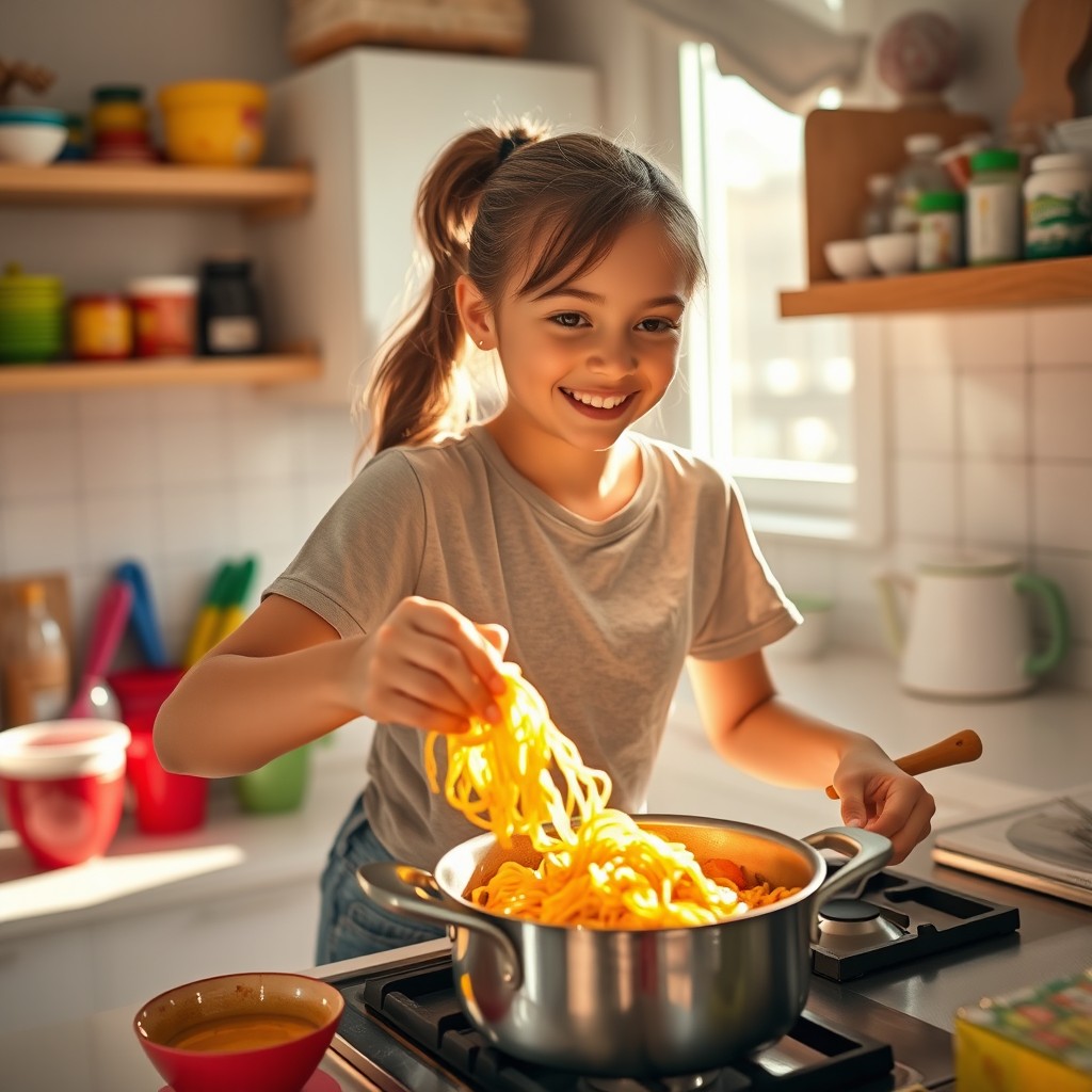A girl cooking instant noodles in her kitchen, focusing on the excitement of preparing a quick meal
