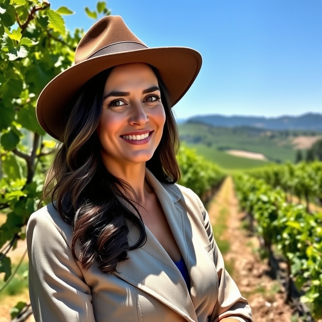 A sophisticated South Italian female winemaker, exuding elegance and confidence