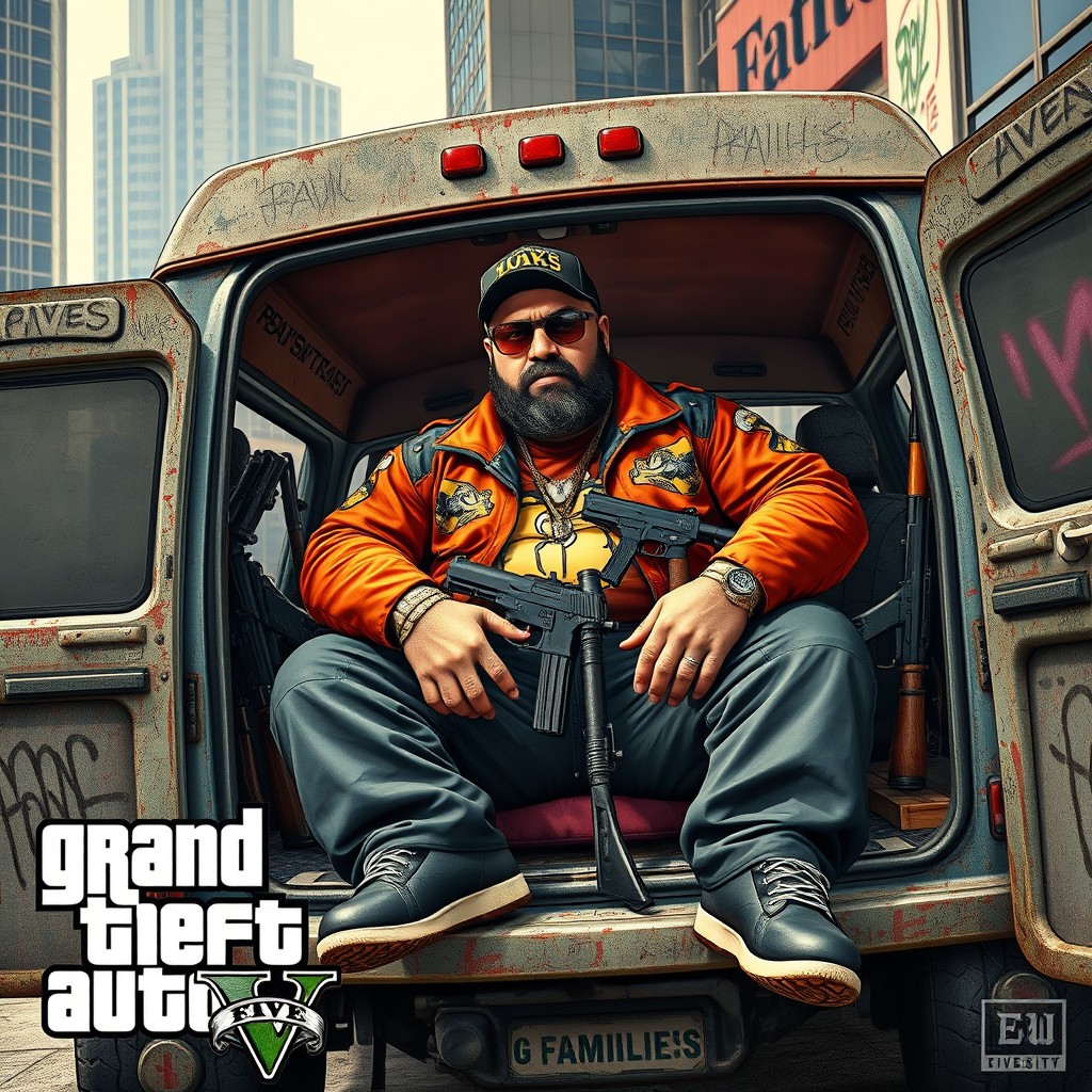 A large man, known as Big Jack, sitting in a rugged, weathered van that has a gang aesthetic