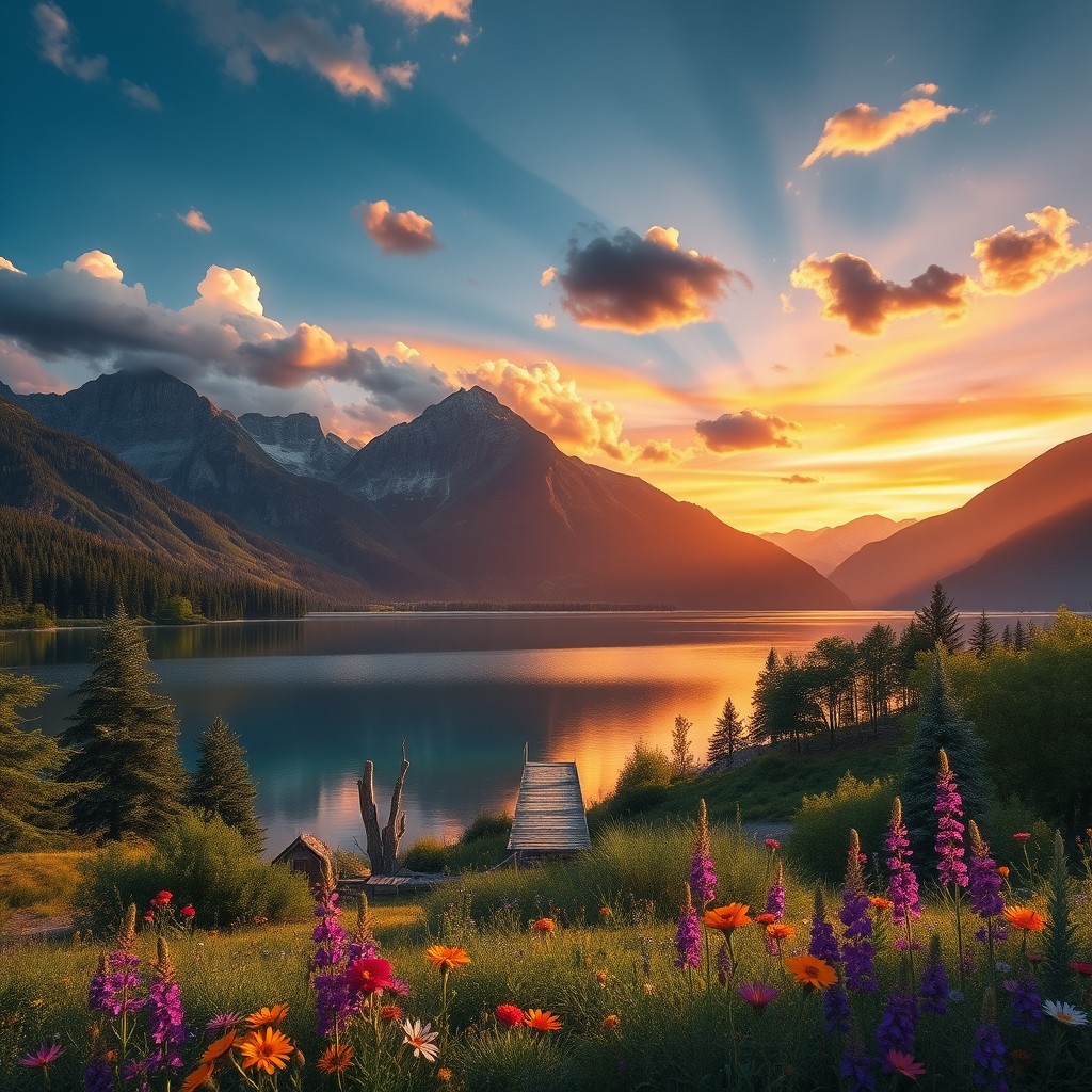 A beautifully rendered landscape depicting the stunning view of a serene lake surrounded by majestic mountains under a vibrant sunset sky