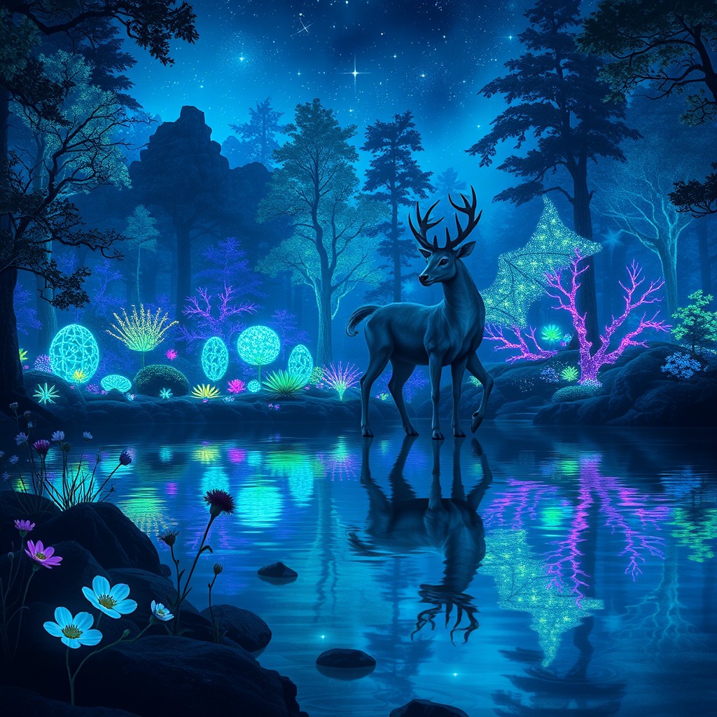 A magical forest at twilight, filled with vibrant, luminescent plants and flowers that glow softly in shades of blue, purple, and green