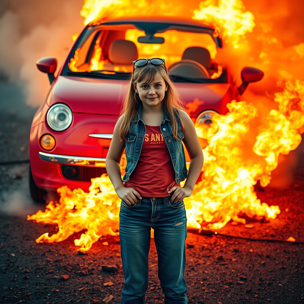 A vibrant scene featuring a burning Fiat 500 in the background, with flames and smoke billowing around the car