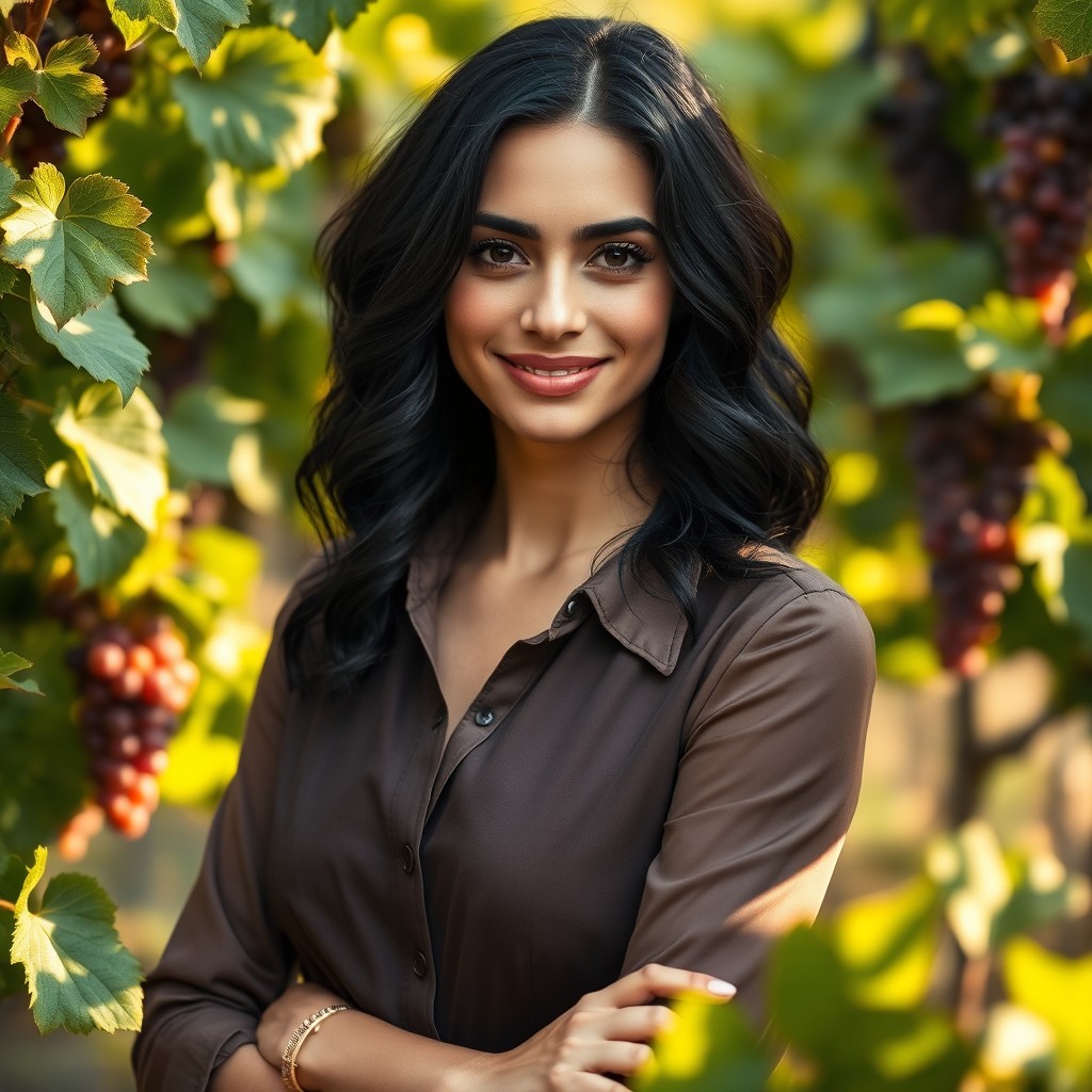 A sophisticated South Italian female winemaker with black wavy hair and captivating black eyes