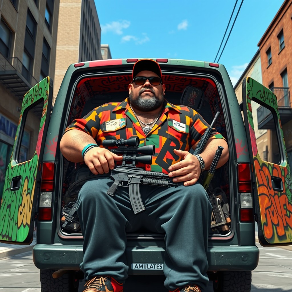 A large, formidable man named Big Jack in a sturdy, graffiti-covered van representing the Families gang from GTA 5