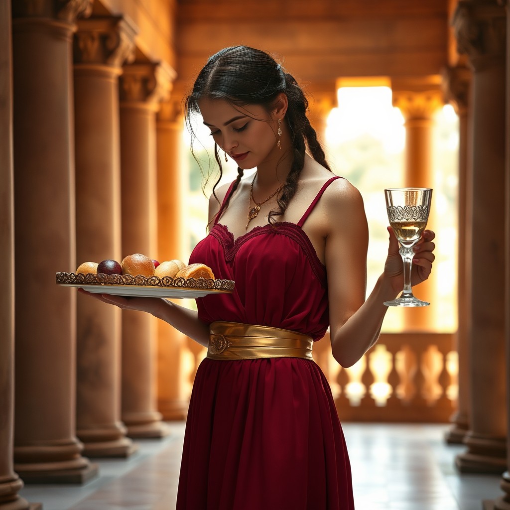 A Roman young maid dressed in an elegant ancient Greek mini short dress featuring thin straps and a striking gold belt