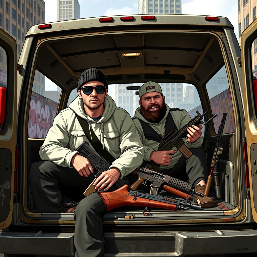 Szybki John, a swift and agile individual, is depicted alongside his friend Big Jack, inside a rugged van representing the Families gang from GTA 5
