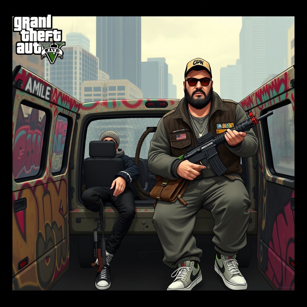 Szybki John, a quick and agile character, is seen alongside his friend Big Jack in a rugged, graffiti-covered van belonging to the Families gang from GTA 5