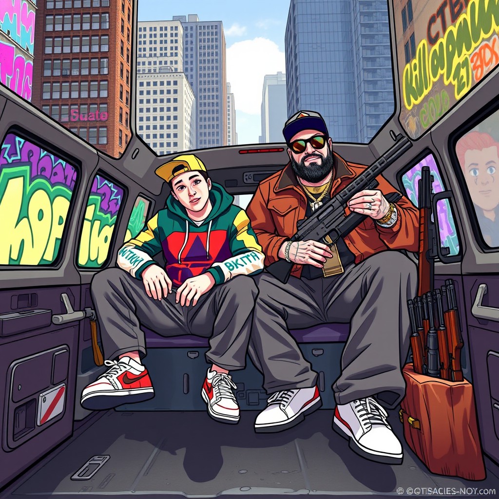 Szybki John, a quick and lively character, is depicted as the loyal friend of Big Jack, sitting in a rugged van belonging to the Families gang from GTA 5