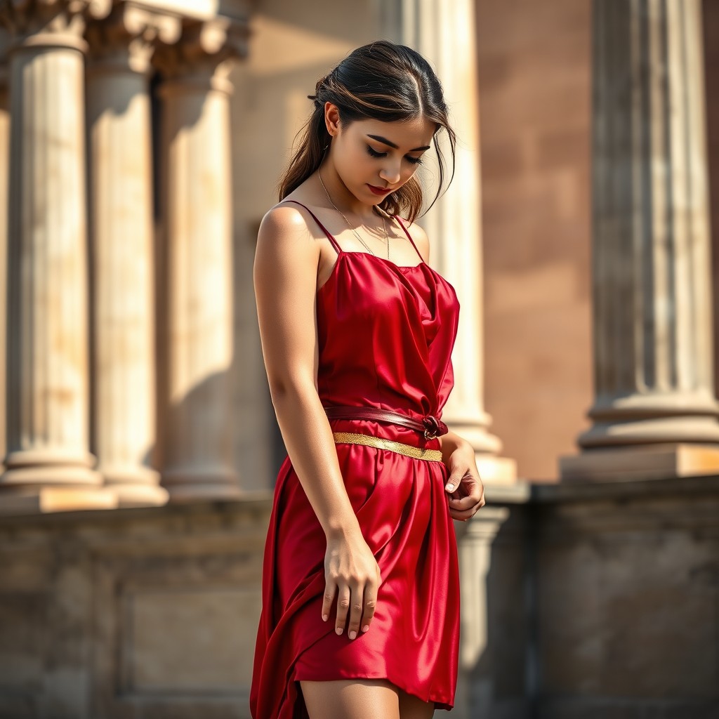 An ancient Roman young maid dressed in a striking red satin Greek mini short dress with thin straps and a stylish gold belt