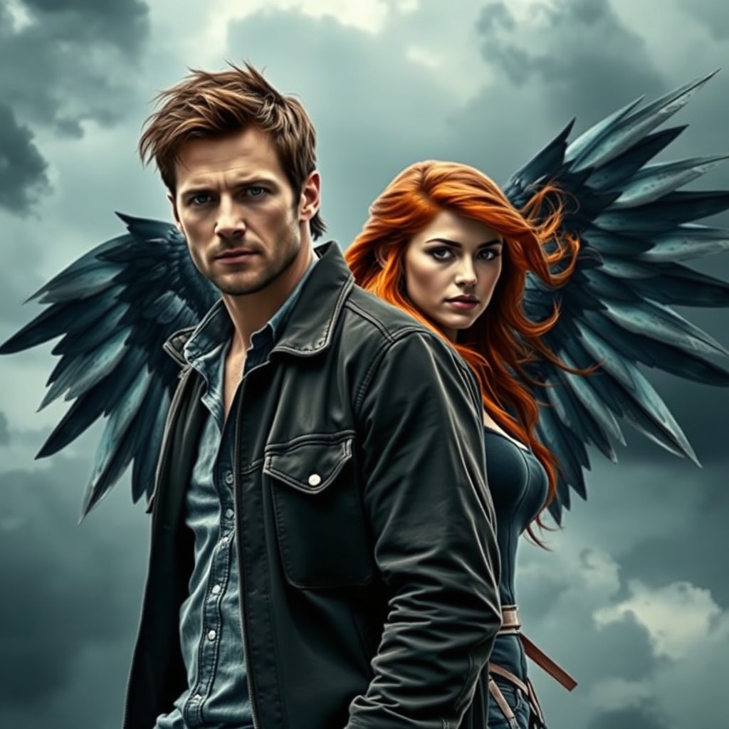 A striking image of Dean Winchester, a rugged and handsome man in a casual jacket, standing confidently with a red-haired woman beside him