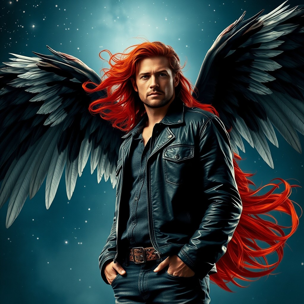 A captivating scene featuring Dean Winchester standing confidently, dressed in his signature leather jacket and casual attire