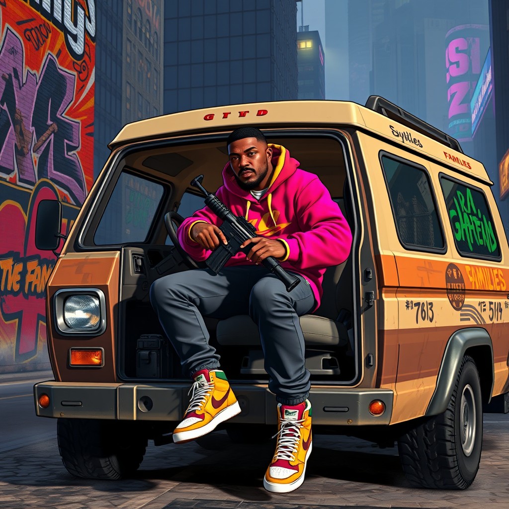 Szybki John, a quick and agile Black man, is portrayed driving a rugged van associated with the Families gang from GTA 5