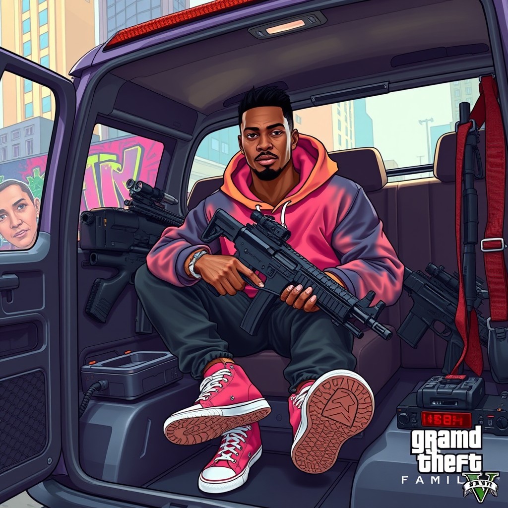 Szybki John, a quick and athletic Black man, is depicted driving a fortified van belonging to the Families gang from GTA 5