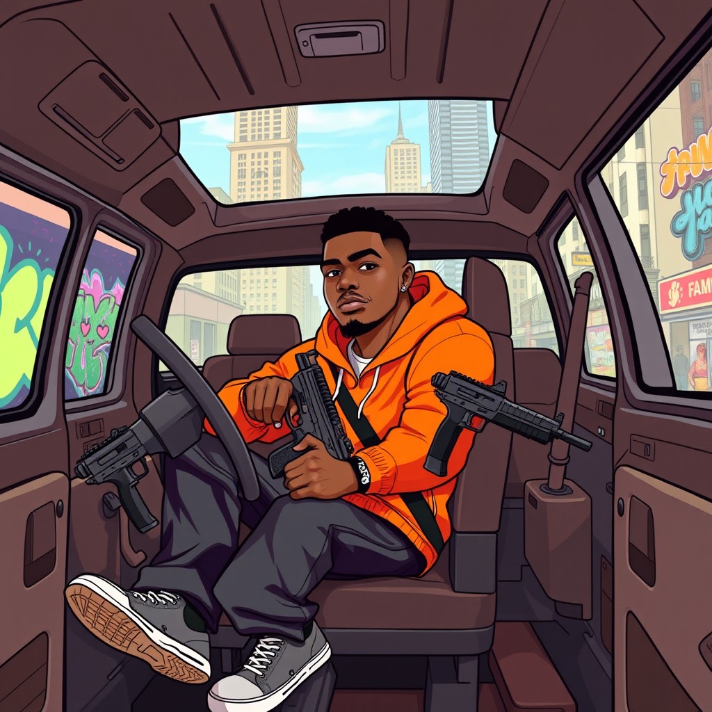 Szybki John, an energetic Black man, is illustrated driving a robust van associated with the Families gang from GTA 5
