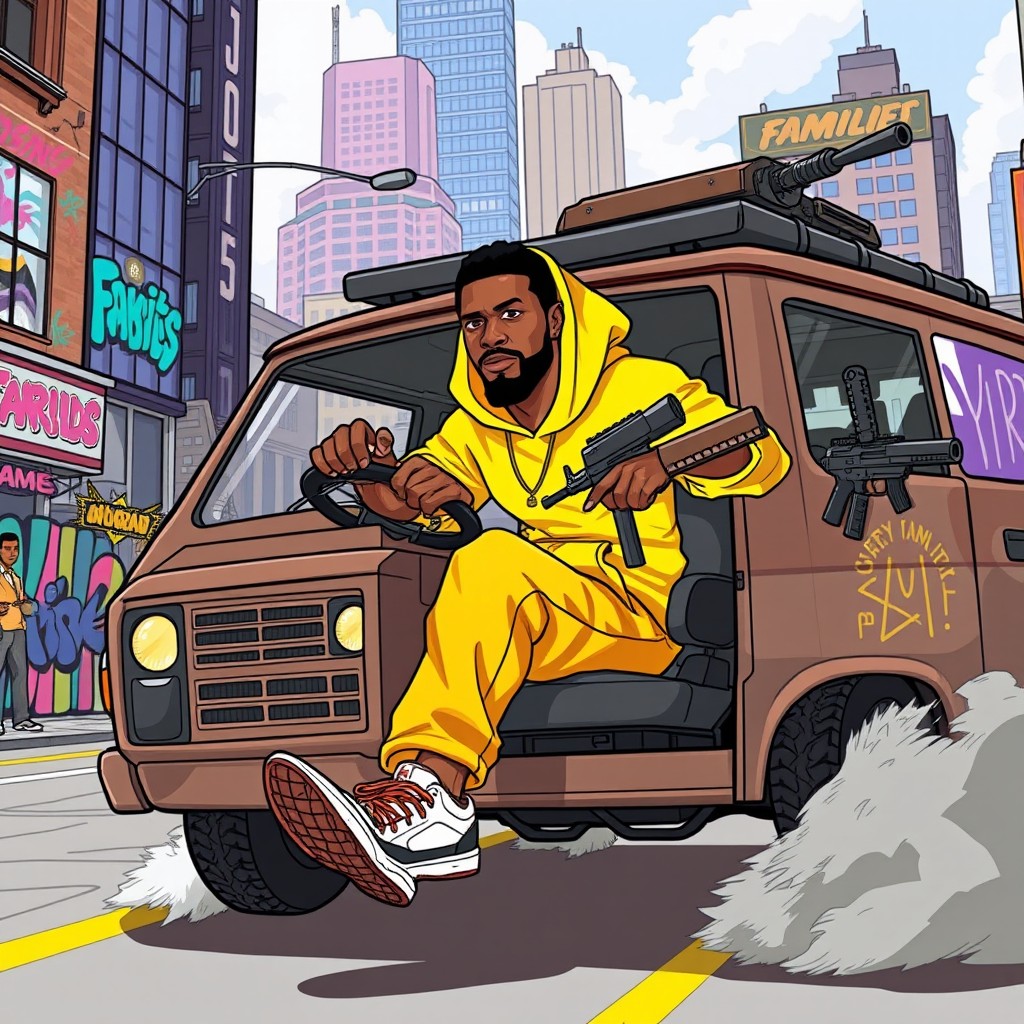 Szybki John, a fast and energetic Black man, is illustrated driving a powerful van that represents the Families gang from GTA 5