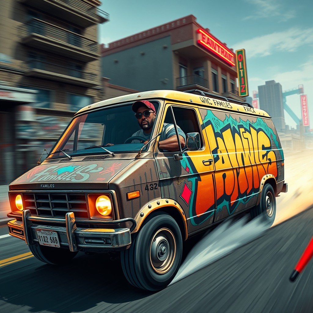 A fast and fierce black man, inspired by the character 'Quick John' from Grand Theft Auto V, driving a rugged gang van
