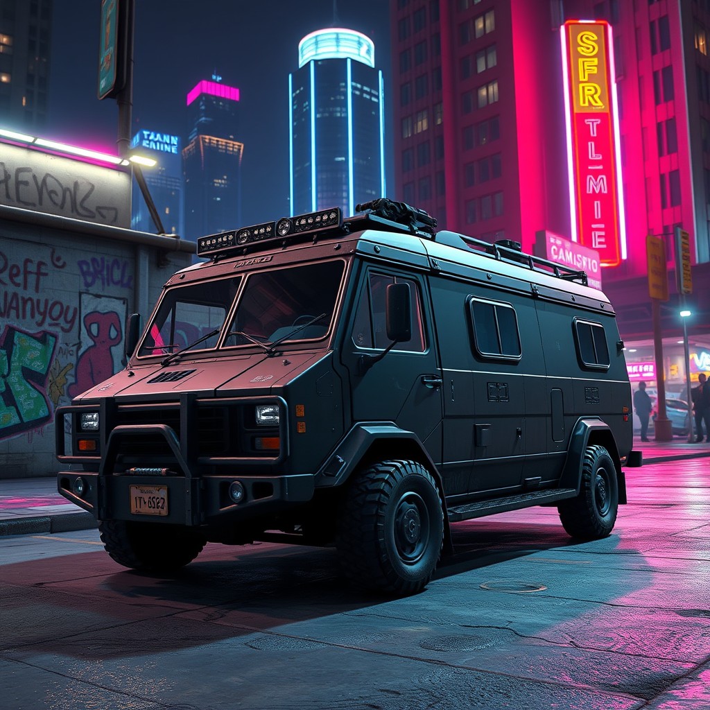 A scene depicting a fictional armored van from a video game environment, inspired by the style of Grand Theft Auto Online