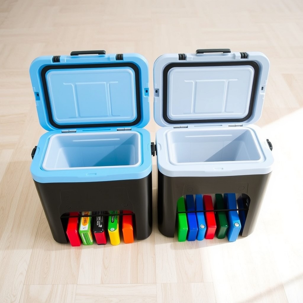 Two stylish and modern coolers placed side by side, each showcasing an array of vibrant, colorful batteries neatly organized underneath them