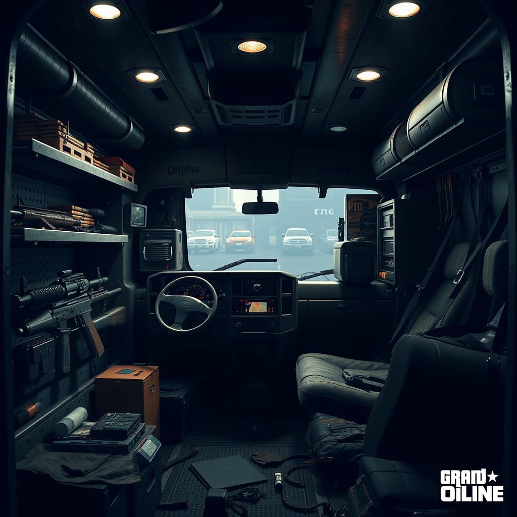 An interior scene of a fictional armored van inspired by Grand Theft Auto Online