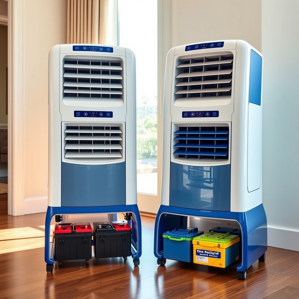 Two modern evaporative coolers placed side by side, each with a sleek and contemporary design featuring a white and blue color scheme