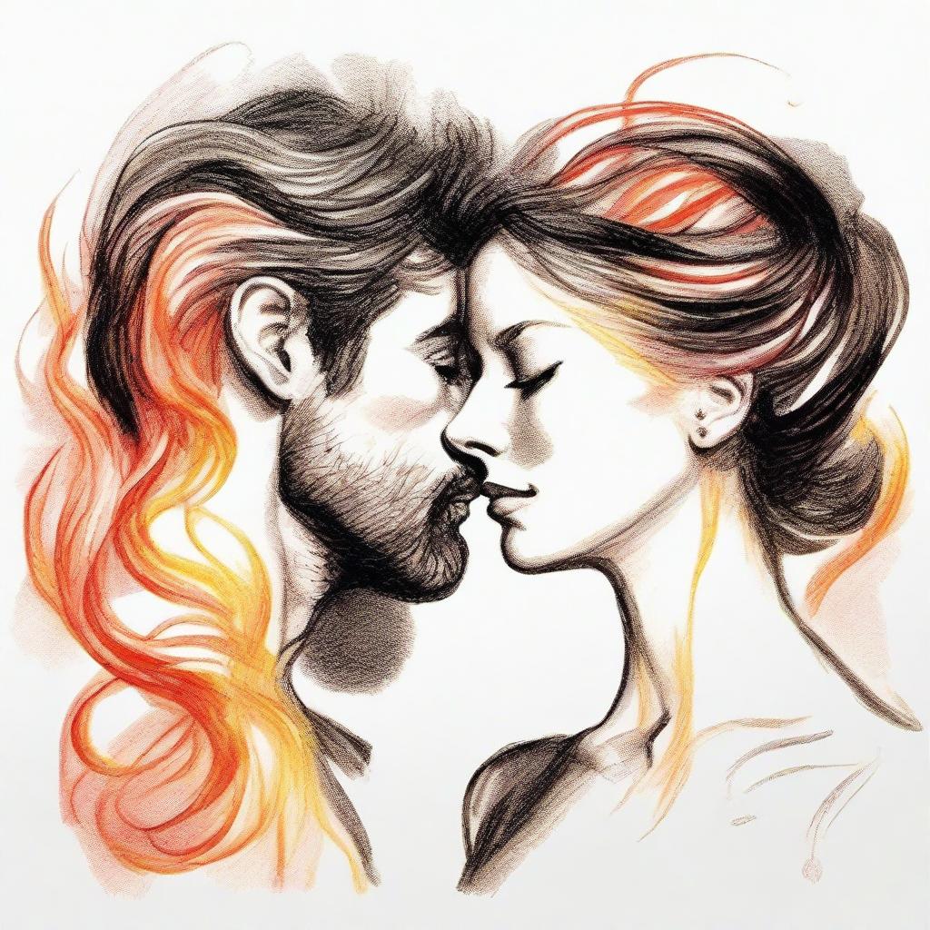 Craft a blurred drawing of a man, absorbed in his observation of a side-profile woman, her hair artistically manifests as scintillating flames.