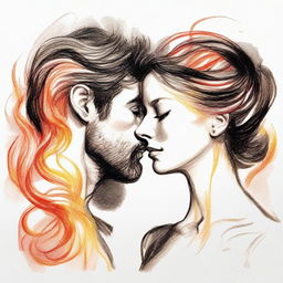 Craft a blurred drawing of a man, absorbed in his observation of a side-profile woman, her hair artistically manifests as scintillating flames.