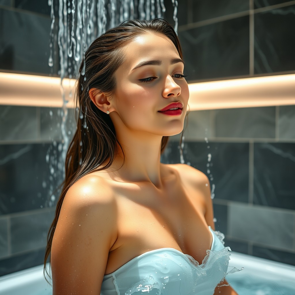 A serene and refreshing scene of a young woman taking a shower in a beautifully designed bathroom