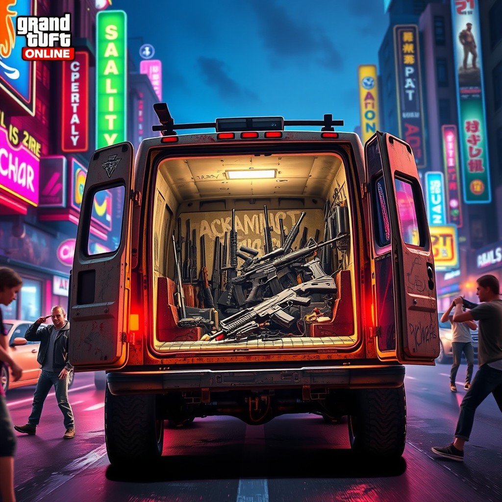 A thrilling depiction of a van with its back doors wide open, revealing an array of weapons inside, all set in the colorful and chaotic environment of Grand Theft Auto Online