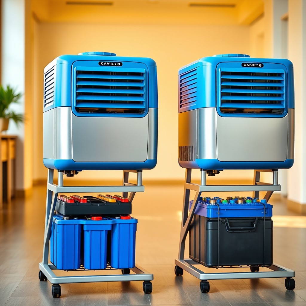 Two modern evaporative coolers positioned on a sturdy angle bar stand, showcasing a sleek design in a combination of bright blue and silver