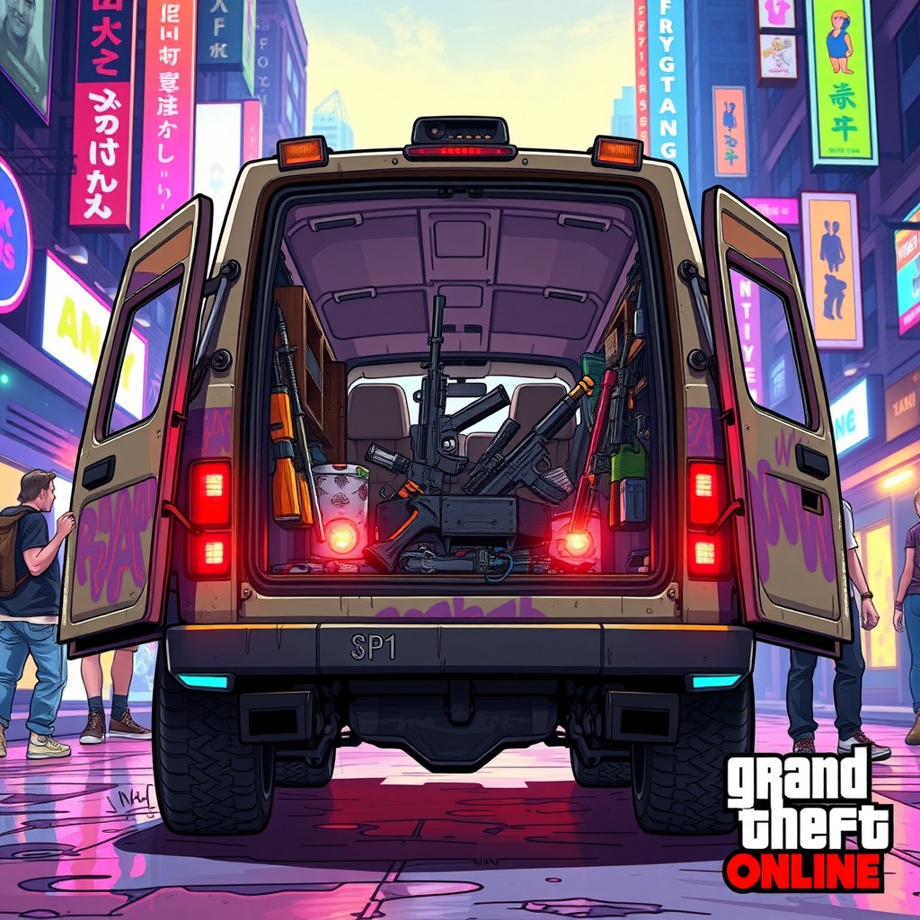 An action-packed illustration of a van with its back doors wide open, revealing a variety of weapons inside, set in the lively and chaotic universe of Grand Theft Auto Online