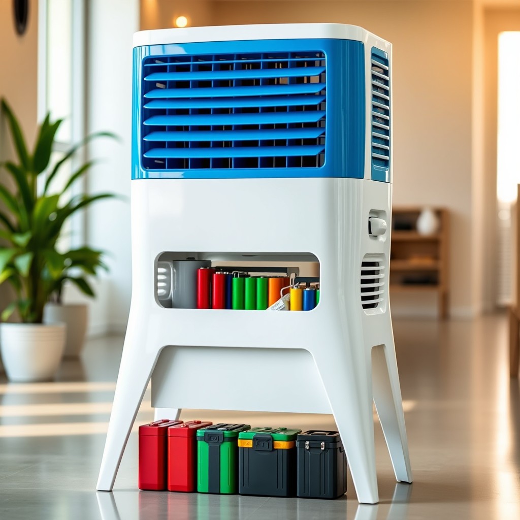 A modern evaporative cooler set prominently on a sturdy, sleek stand, featuring a minimalist design in a combination of glossy white and vibrant blue