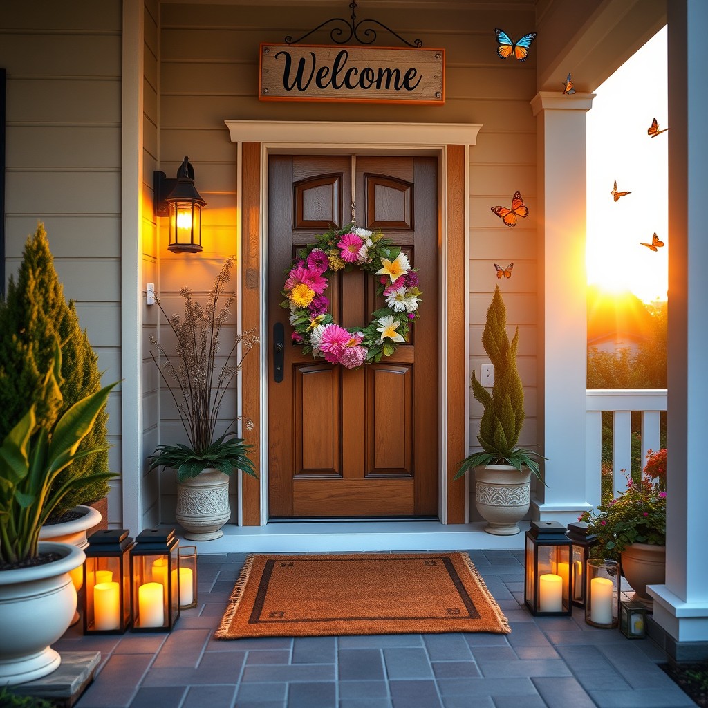 A beautifully decorated home entrance featuring a cozy wooden door adorned with a stylish wreath made of fresh flowers, surrounded by elegant potted plants