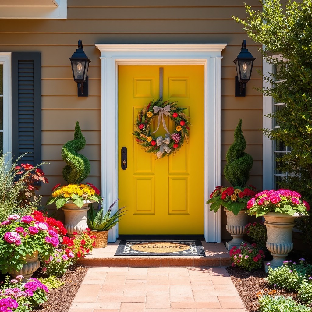 A beautifully decorated entrance of a home, featuring a vibrant front door painted in a cheerful color, surrounded by a lush garden filled with colorful flowers and greenery