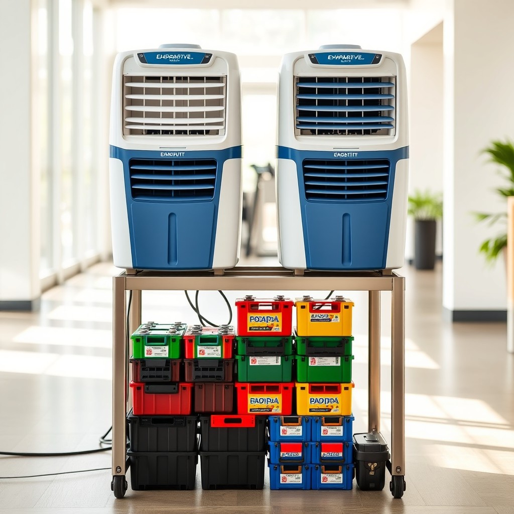 Two evaporative coolers positioned on a sturdy stand, showcasing a modern design with a sleek white and blue finish