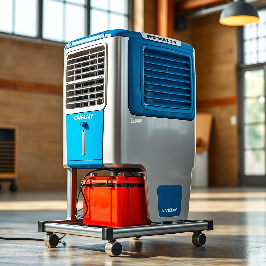A modern evaporative cooler prominently displayed on a sturdy angle bar stand, featuring a sleek design in bright blue and silver