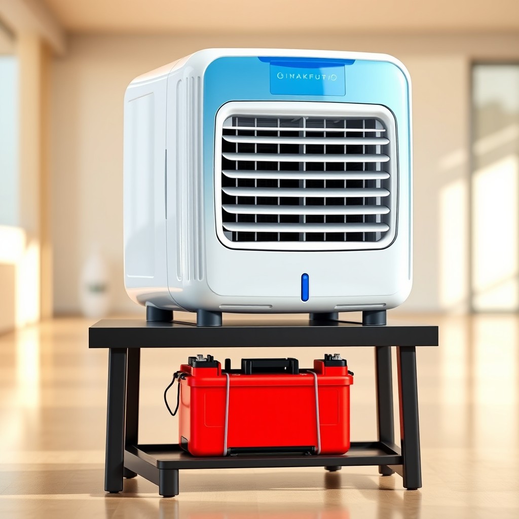 A modern evaporative cooler elegantly displayed on a single, sturdy stand