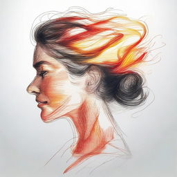 Craft a blurred drawing of a man, absorbed in his observation of a side-profile woman, her hair artistically manifests as scintillating flames.